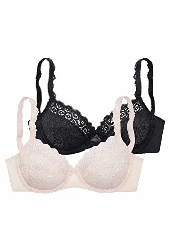 PETITE FLEUR Damen Bügel-BH - Femininer Bügel-BH ohne Wattierung, aus schöner floraler Spitze, im praktischen 2er-Pack, ideal für jeden Tag und mit dekorativen Trägern für einen besonderen Look.