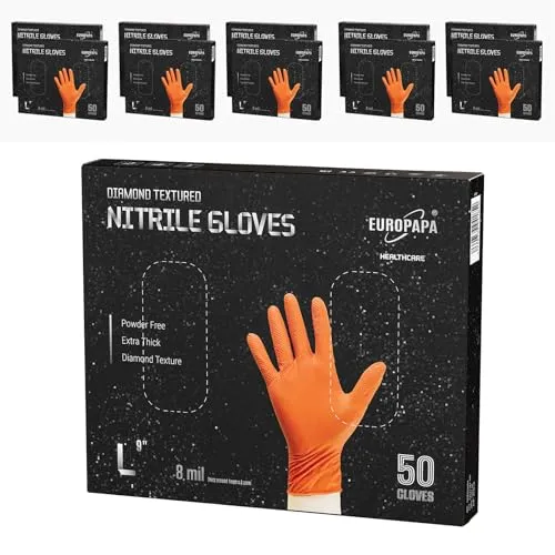 EUROPAPA® Nitrilhandschuhe DiamantGrip - Extra Dicke & Puderfrei (500 Stück) - Die extra dicken Nitrilhandschuhe bieten hervorragenden Schutz und Grip dank diamanttexturierter Oberfläche. Ideal für anspruchsvolle Arbeiten in Bau, Industrie und Gastronomie. Komfortabel und langlebig, ohne Latex und Puder.