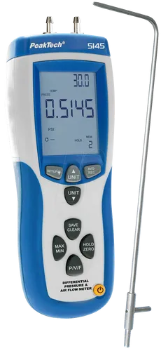 PEAKTECH 5145 - Differenzdruckmessgerät - 2 in 1 Messgerät für Druckdifferenz und Luftgeschwindigkeit, ideal für Klimatechnik und Wartung, mit USB-Schnittstelle zur Datenprotokollierung und umfangreichem Zubehör.
