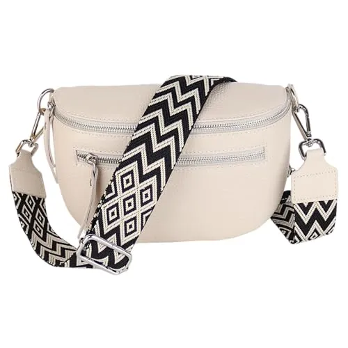 MIRROSI® Damen Bauchtasche Umhängetasche 27x14,5x8cm Damen, Made in Italy, aus Echtleder Tasche Echtes Leder, Brusttasche, Crossbody Bag,Bohemian Style (1 Tasche 2 Gurte) (Beige Boho schwarz)