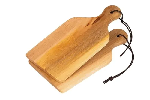 Stilvolle mini Holz-Servierbretter mit Griff und Aufhängung, 19 x 10 x 1,8 cm, für Tapas, Snacks, Gemüse und Obst | Schneidebrett, Brettchen, Holz-Brett, hochwertiges Servier-Brett, klein (2er Set)