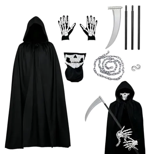 Sensenmann Kostüm für Erwachsene – Halloween Umhang Set mit Totenkopfmaske