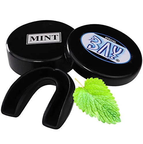 BAY MINZ AROMA ZAHNSCHUTZ, Farbe SCHWARZ für Erwachsene & Jugendliche, mit Hygiene BOX Dose, CE, Sport Mundschutz, Zahnschützer, Mundschützer, Senioren ab ca. -13 Jahre, Mint Pfefferminz Boxen Kampfsport Eishockey Handball Wasserbad Allround