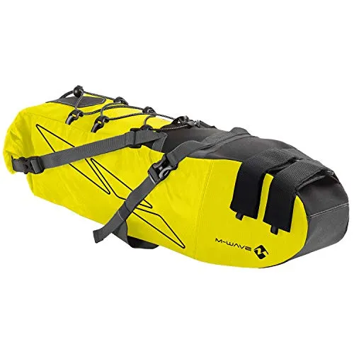 M-WAVE Rough Ride Saddle L – Neongelbe Fahrradtasche - Fahrradtasche direkt unter dem Sattel, 100 % wasserdicht mit Rollverschluss und strapazierfähigem Ripstop-Material. Ideal für Bikepacking und mehr Sicherheit durch reflektierende Details.