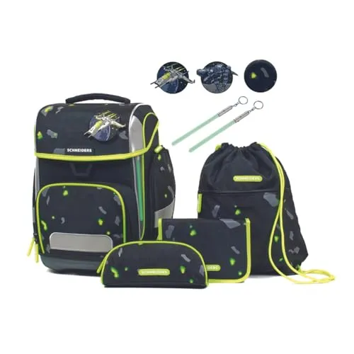 Schneiders Ergolite Outer Space Jungen Schultasche - 9-teiliges Set - Nachhaltiger und ergonomischer Schulranzen mit orthopädischer Prüfung, ausgestattet mit LED-Leuchtstäben und atmungsaktiver Rückenpolsterung für hohen Tragekomfort.