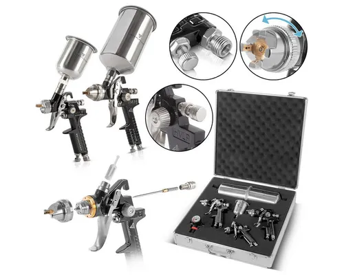 STAHLWERK HVLP Lackierpistolen Set SGS-1125 - 21 Teile für perfektes Lackieren - 21-teiliges HVLP Lackierpistolen Set für professionelle Lackierarbeiten mit modernster Technologie, die Materialeinsparungen von bis zu 30% ermöglicht und ein perfektes Finish garantiert.