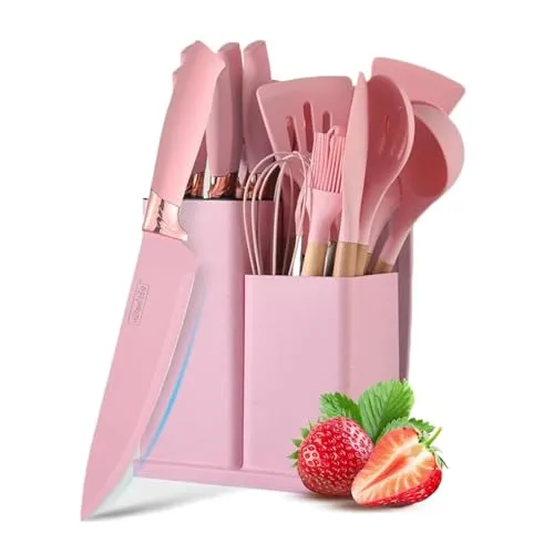 Justup Messerset mit Messerblock, Rosa Küchenmessersets mit block, 19 Teiligs Küchenutensilien mit 6 Messersets und 11 Silikon Pfannenwender, Antihaft Küchenhelfer Set mit Halter (Rosa)