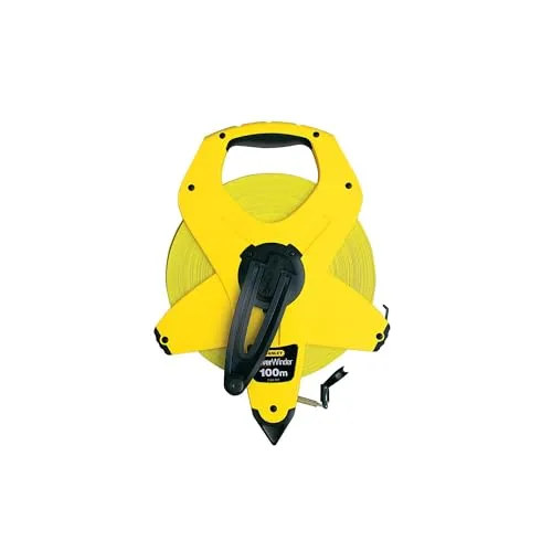 STANLEY Maßband Rahmenbandmass Power Winder Fiberglas (100 m Länge, 13 mm Breite, ergonomisch, Genauigkeitsklasse III) 2-34-777