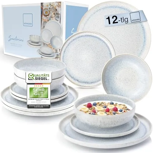 SÄNGER Tafelservice Santorini 12 tlg - Elegantes Geschirr Set für 4 Personen - Tafelservice aus handgefertigtem Steingut, spülmaschinen- und mikrowellengeeignet, ideal für Gartenpartys und besondere Anlässe.
