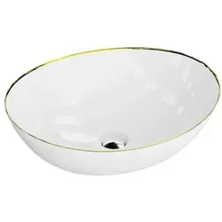 Lavita Aufsatzwaschtisch Fresa Gold Aufsatzwaschbecken Oval Waschbecken Ohne Überlauf Und Hahnloch Aus Hochwertigem Porzellan Waschtisch 41,5x34x13,5 Cm Weiß/gold