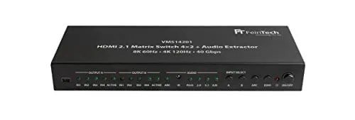 FeinTech VMS14201 HDMI 2.1 Matrix Switch 4x2 - Video Umschaltpult für 4 HDMI-Quellen und 2 Ausgänge, unterstützt 8K Ultra-HD und 4K 120Hz, ideal für Gaming mit integriertem Audio Extractor und Downscaler.