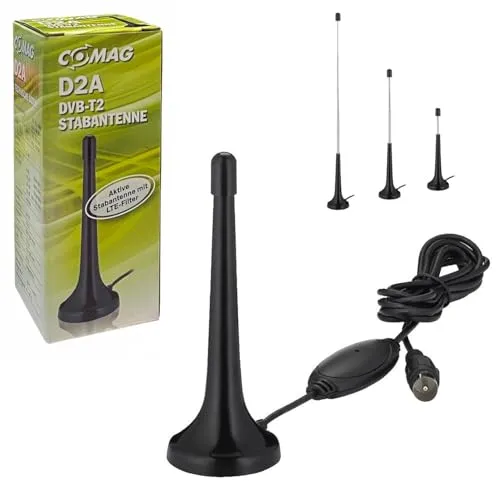 Comag D2A DVB-T2 Antenne mit Verstärker - DVB-T/T2-Antenne mit 13 dBi Verstärkung und LTE Filter für störungsfreien Empfang. Ideal für versteckte Installation und mobilen Einsatz, perfekt für digitales HD Fernsehen.