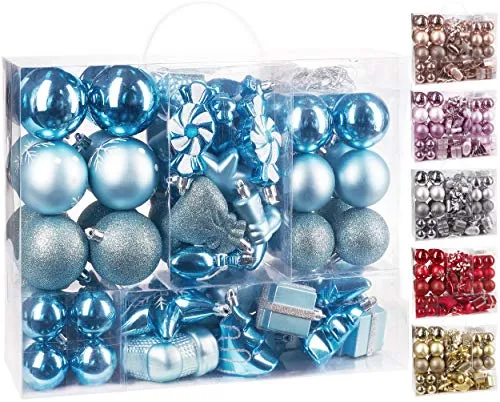 BRUBAKER 77-teiliges Set Weihnachtskugeln - Kunststoff Hellblau/Silber - Weihnachtsbaumkugeln in glänzenden, matten und glitzernden Designs. Bruchsicheres Material sorgt für Sicherheit in Haushalten mit Kindern oder Haustieren. Ideal für festliche Dekorationen innen und außen.