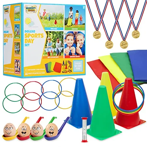 KreativeKraft Outdoor Spiele für Kinder Set Kindergeburtstag Spiele für Draußen Party Wurfspiele Gartenspiele Eierlauf Spiel Sackhüpfen Ringe (Deluxe-Sporttagesset)