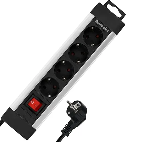REV SupraLine Steckdosenleiste 4-Fach - Mehrfachsteckdose mit Schalter, 1,9m Kabel, Wandmontage & Kabelknickschutz, Silber