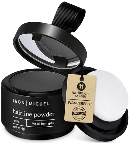 LEON MIGUEL Ansatzpuder - Hairline Powder als wasserfesten Haar Concealer zum Ansatz kaschieren für Frauen und Männer, unsichtbares Haar Make-up zur Haarverdichtung - 4g | Grau