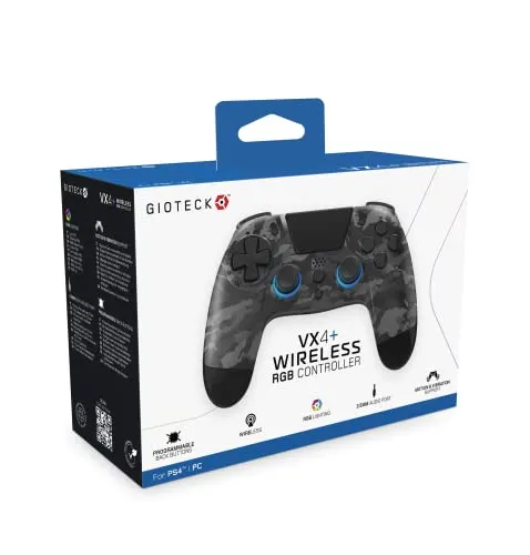 Gioteck VX4+ Wireless Controller für PS4 - Dark Camo - Gaming-Zubehör für PS4 mit anpassbarer RGB-Beleuchtung und programmierbaren Rücktasten für ein individuelles Spielerlebnis.