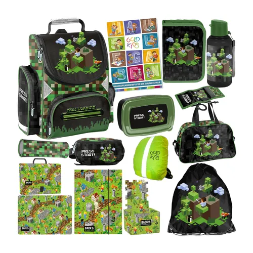 Schulranzen für Jungen und Mädchen - 15er-Set mit Pixel Game Motiv - Ranzen, Taschen & Rucksäcke - Bunte Schulranzen im coolen Game Design, ideal für kreative Köpfe und Schule!