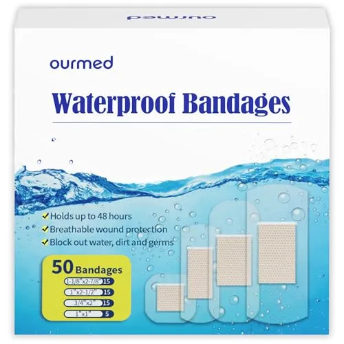 ourmed Waterproof Clear Bandages, Stays On Skin in The Bath, Shower Or Pool, Adhesive Bandages for First-Aid Wound Care of Minor Cuts and Scrapes, Assorted Sizes, 50 Count