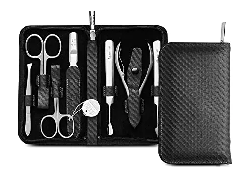 nippes Solingen Premium Line Maniküre Set Karbon, 7-teilig - Maniküre- & Pediküre-Set aus rost- und nickelfreiem Edelstahl, in hochwertigem Rindsleder-Etui, ideal für perfekte Nagelpflege – Made in Germany, seit 90 Jahren Qualität.