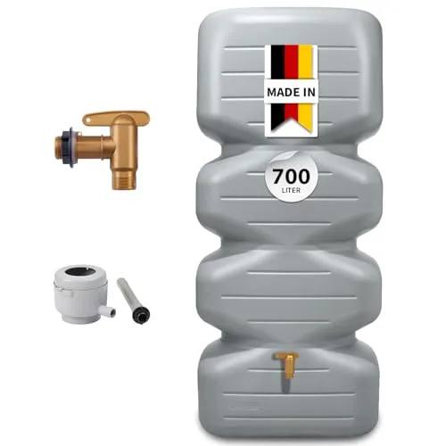 CUBUS Regentonne Komplett-Set 700 L - Platzsparender Gartentank in Betongrau - Robuster Regenwassertank mit 700 Litern Kapazität. Ideal für Garten und Terrasse, bietet er flexible Wasserentnahme und ein modernes Design. Inklusive Fallrohr-Regensammler für automatische Befüllung.