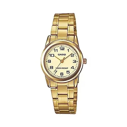 Casio Collection LTP-V001G-9BUDF Damenuhr - Elegantes Design in Gold - Damenuhren mit elegantem Edelstahl-Gehäuse, präzisem Quarzwerk und kratzfestem Mineralglas. Ideal für jeden Anlass und ein perfektes persönliches Geschenk.