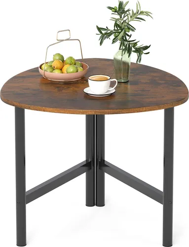 COSTWAY Dreieckiger Couchtisch, Kaffeetisch mit Metallbeinen, Beistelltisch, Dreieckiger Holzakzent-Cocktailtisch, Rustikales Braun & Schwarz