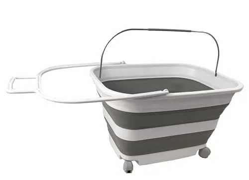 SAMMART 35L Zusammenklappbarer Wäschekorb aus Kunststoff mit Griff und Rollen–faltbarer Pop-Up-Aufbewahrungsbehälter/Waschwanne – platzsparend (1, Weiß/Grau)