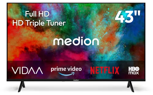 MEDION 108 cm (43 Zoll) Full HD Smart-TV mit VIDAA Store - 43-Zoll Full HD Smart-TV mit integriertem WLAN und Zugriff auf zahlreiche Streaming-Dienste wie HBO Max, Disney+ und Prime Video. Genießen Sie brillante Bildqualität und einfache Bedienung für modernes Fernsehen!