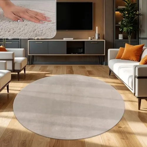 TT Home Wohnzimmer Teppich Hochflor Langflor Kunstfell Weich Modern Unifarben Flauschig, Farbe:Beige, Größe:80 cm Rund