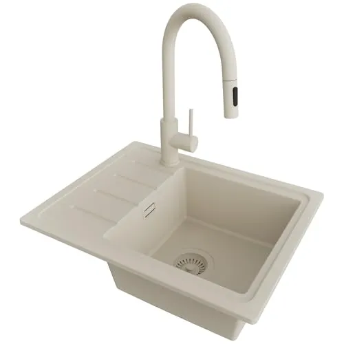 PRIMAGRAN Granitspüle Beige 55x44cm mit Küchenarmatur und Ablauf-Set