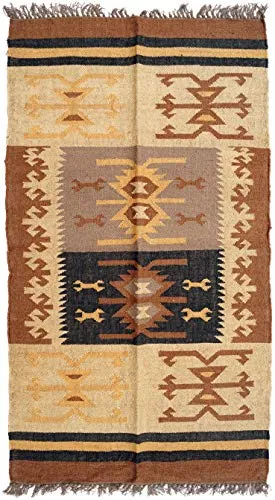 Orientalischer grob gewebter Kelim Teppich 160*90 cm - Ethno Stil - Teppich aus 50% Wolle und 50% Jute, fair gehandelt in Indien. Ideal für ein gemütliches Ambiente mit ethnischem Flair.
