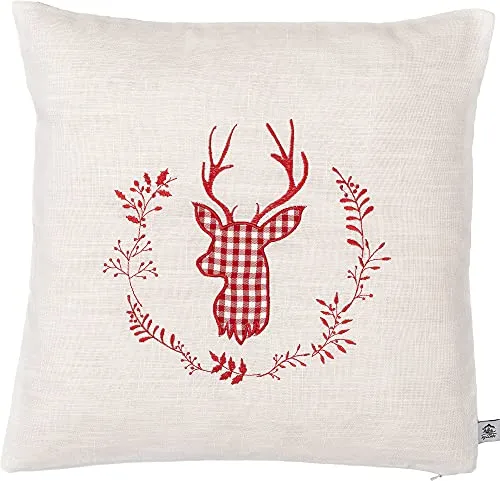 myZirbe Zirbenkissen beige Bestickt mit Hirsch Größe 40x40 cm befüllt mit Zirbenflocken aus Zirbenholz in extra Inlett (rot)