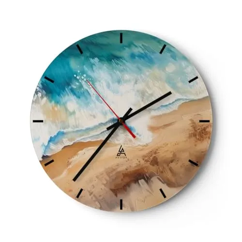 Modern Wanduhr Küste Strand Ozean 30x30cm Rund Klein Wand Uhr Glas Analog Zimmeruhren Küche Büro Wohnzimmer Glasuhr Wall Clock Dekoration Design Wanddekoration Küchenuhr C3AR30x30-6024