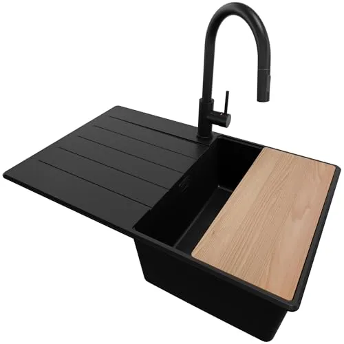 PRIMAGRAN Granitspüle Alles Schwarz 78x50cm, Spülbecken 1 Becken + Küchenarmatur 40x20cm + Zuberhor-Set, Küchenspüle ab 45er Unterschrank - Kopenhagen S153