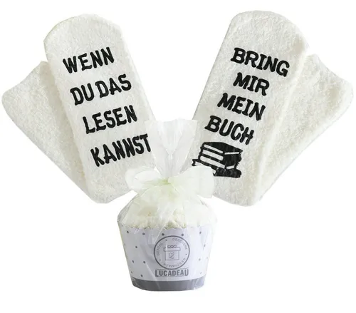 Lucadeau Kuschelsocken Weihnachtsgeschenk, Geschenke für Buch-Liebhaber, bring mir Buch (Cupcake Verpackung, Gr. 37-43) rutschfest, Socken mit Spruch, Geschenk zum Geburtstag, Muttertag