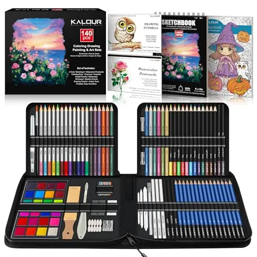 KALOUR Art Set, 140 Pieces Drawing and Painting Supplies, Colored Pencils, Watercolor, Sketchbook, Coloring Book with Case