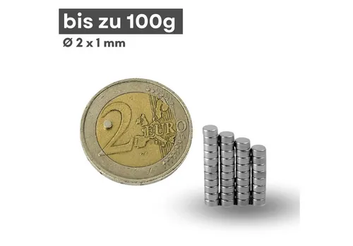 Produktbild MaajeeKuto Magnet Neodym Magnet Ø2x1 mm N42 – Mini Scheibenmagnet 100 g Haftkraft (10-St)