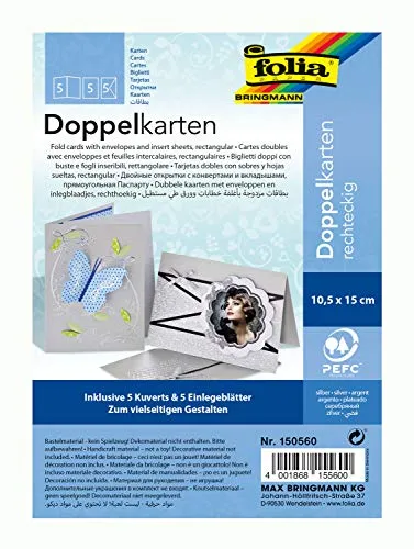 folia 150560 - Doppelkarten ca. 10,5 x 15 cm, je 5 Karten (220 g/qm), Kuverts und Einlagen, silber - ideal für Einladungen, Glückwunsch- oder Grußkarten
