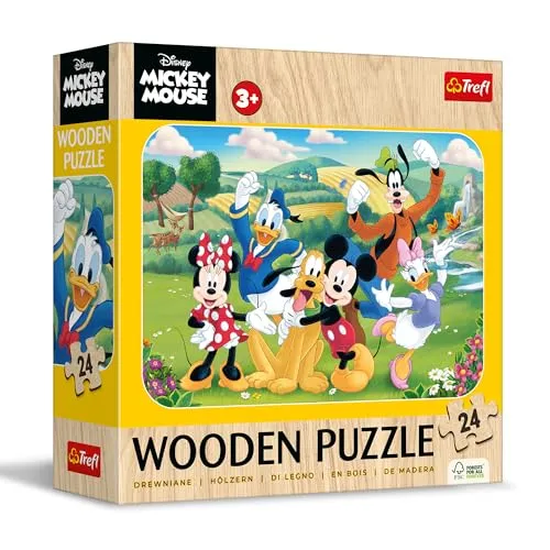Trefl - Holzpuzzle: Disney, Mickey und Freunde - 24 Elemente, Puzzle Wooden Puzzle, Dekoratives Muster auf der Rückseite, für Kinder ab 3 Jahren