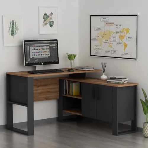 Homidea ARES moderner Eckschreibtisch – Computer-Schreibtisch in L-Form mit Regalen für Büro und Zuhause (ARES – Anthracite/Briarsmoke)