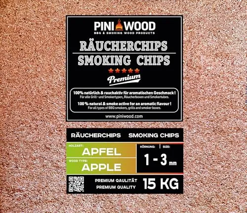 PINI 15 Kg Räucherchips Apfel - 1-3 mm Smoking Chips - Räucherchips aus 100% naturbelassenem Apfelholz, ideal für zarte Fleischsorten und Gemüse. Verleihen Sie Ihren Gerichten ein dezentes Fruchtaroma – perfekt für alle Grillarten!