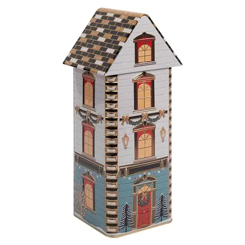 POWERHAUS24 Blechdose Paris Christmas House, Weihnachtsdeko oder Aufbewahrung für Plätzchen & Lebkuchen, lebensmittelecht, 9,5 cm x 9,5 cm x 27,5 cm, Weihnachts-Edition mit 2 Rezepten