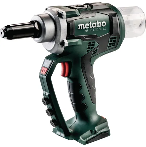 Metabo Blindniet-Pistole NP 18 LTX BL 5.0 - Akku-Blindnietgerät mit max. Zugkraft von 10.000 N, ideal für präzises Nieten von Aluminium, Stahl und Edelstahl. Inklusive praktischen Festhaltemundstücken und Transportkoffer für einfache Handhabung.