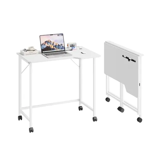 Dripex Faltbar Tisch, 80 x 52 cm Klappbar Schreibtisch Platzsparender Computertisch mit Tablet Steckplatz und Rollen Ergonomisches L Design PC Klapptisch für Homeoffice Arbeitszimmer(Weiß)