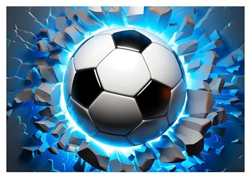 WallArena - Vlies Fototapete Kinderzimmer 416x254 cm Junge Fussball 3D Effekt blau - Fototapeten Tapeten für Kinder Kindertapete Kinderzimmertapete - Vliestapete Wandtapete Tapete 3D Effekt