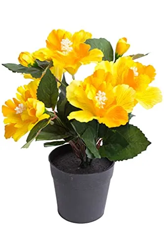 Nova-Nature künstlicher Hibiskus mit 5 Blütenköpfen im schwarzen Kunststofftopf (gelb)