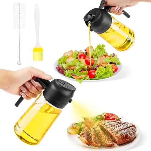 Öl Sprühflasche,470ml Ölsprüher für Speiseöl Glas ,2 in 1 Ölsprüher für Speiseöl Glas,Zusätzlich Ölbürste und Reinigungsbürste, Ölspray zum Kochen für Salat, Grillen, Backen in der Küche (Schwarz)