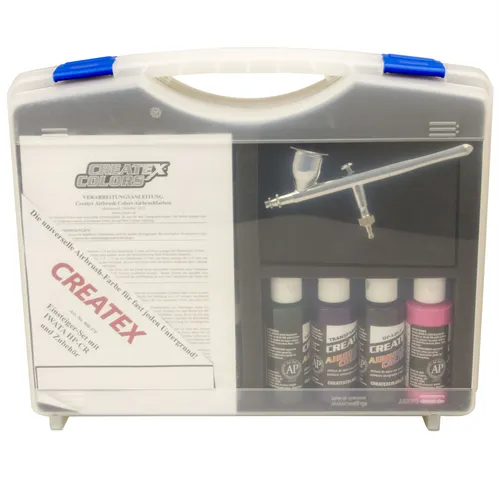 Einsteigerkoffer Airbrushpistole IWATA Revolution HP-CR mit Createx Farben - Farbspritzpistolen-Kit mit IWATA Revolution HP-CR, ideal für präzise Arbeiten. Enthält hochwertige Createx Farben und Zubehör für vielseitige Anwendungen.