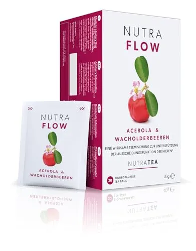 Nutra Tea NUTRAFLOW, Nieren und Blasentee zur Unterstützung bei Blasenentzündung, trägt zur Ausscheidungsfunktion der Nieren bei, 20 wiederverwendbare Teebeutel, Kräutertee mit Cranberry & Acerola